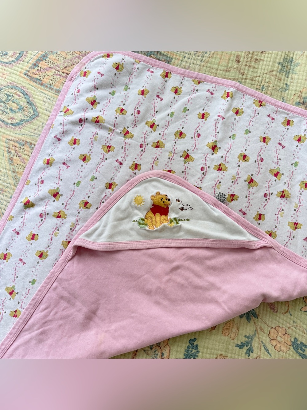 Vintage Y2K Disney Store Winnie the Pooh Pink Hooded Baby Blanket Embroidered
